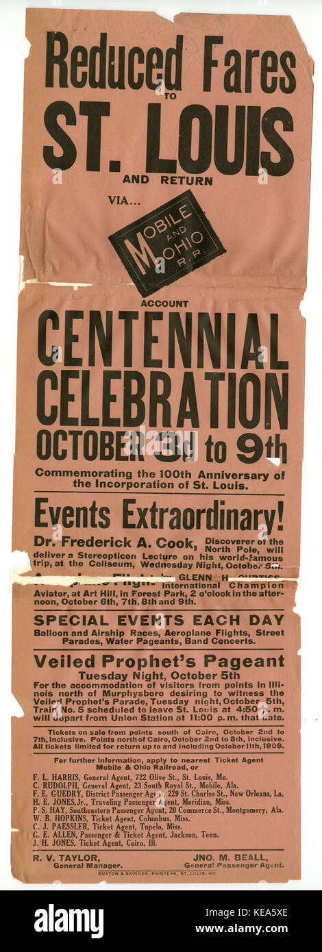 Trois affiches faisant la promotion railroad excursions à Saint Louis, du centenaire Le 3 octobre 9, 1909 Banque D'Images Trois affiches faisant la promotion railroad excursions à Saint Louis, du centenaire Le 3 octobre 9, 1909 Banque D'Images