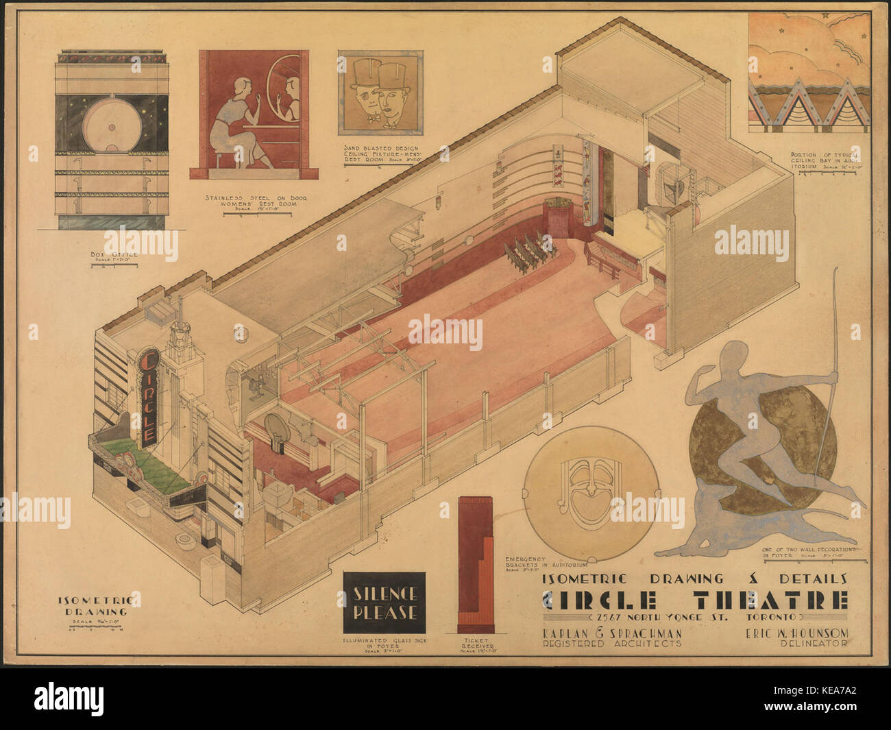 Ce dessin isométrique du Circle Theatre de 1932 montre son plan architectural, fournissant une représentation détaillée de la conception et de la structure du théâtre. Banque D'Images