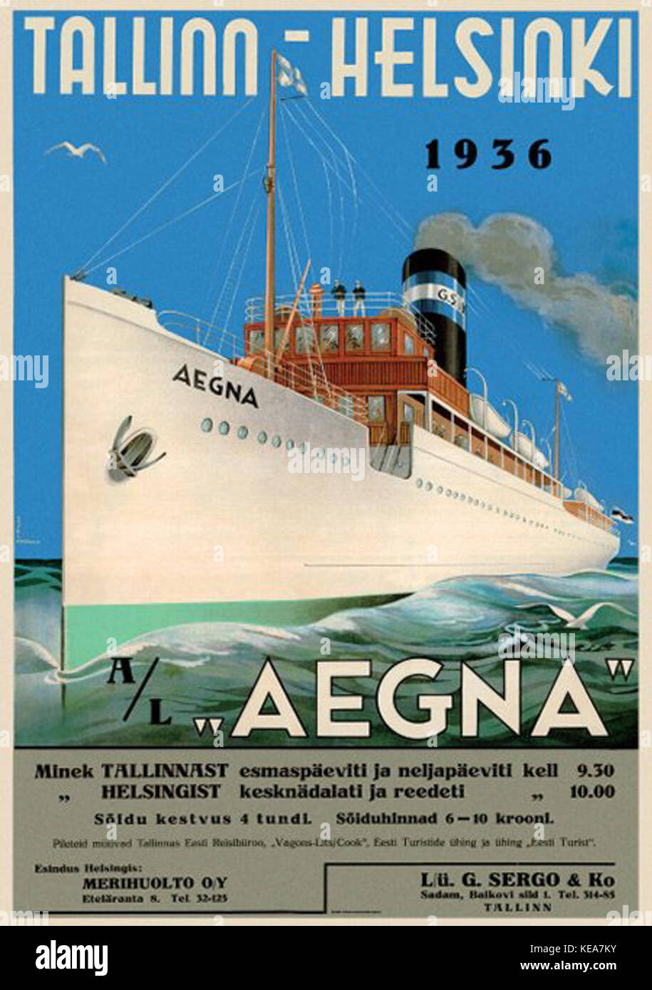 Le voyage de 1936 de Tallinn à Helsinki comprenait une visite à Aegna, une île de la mer Baltique. Cet itinéraire met en évidence les liaisons maritimes historiques entre l'Estonie et la Finlande. Banque D'Images
