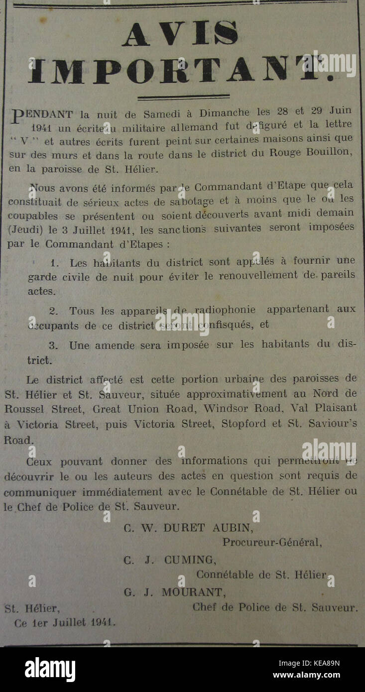 Chroniques de Jersey Juin 1941 V for victory Banque D'Images