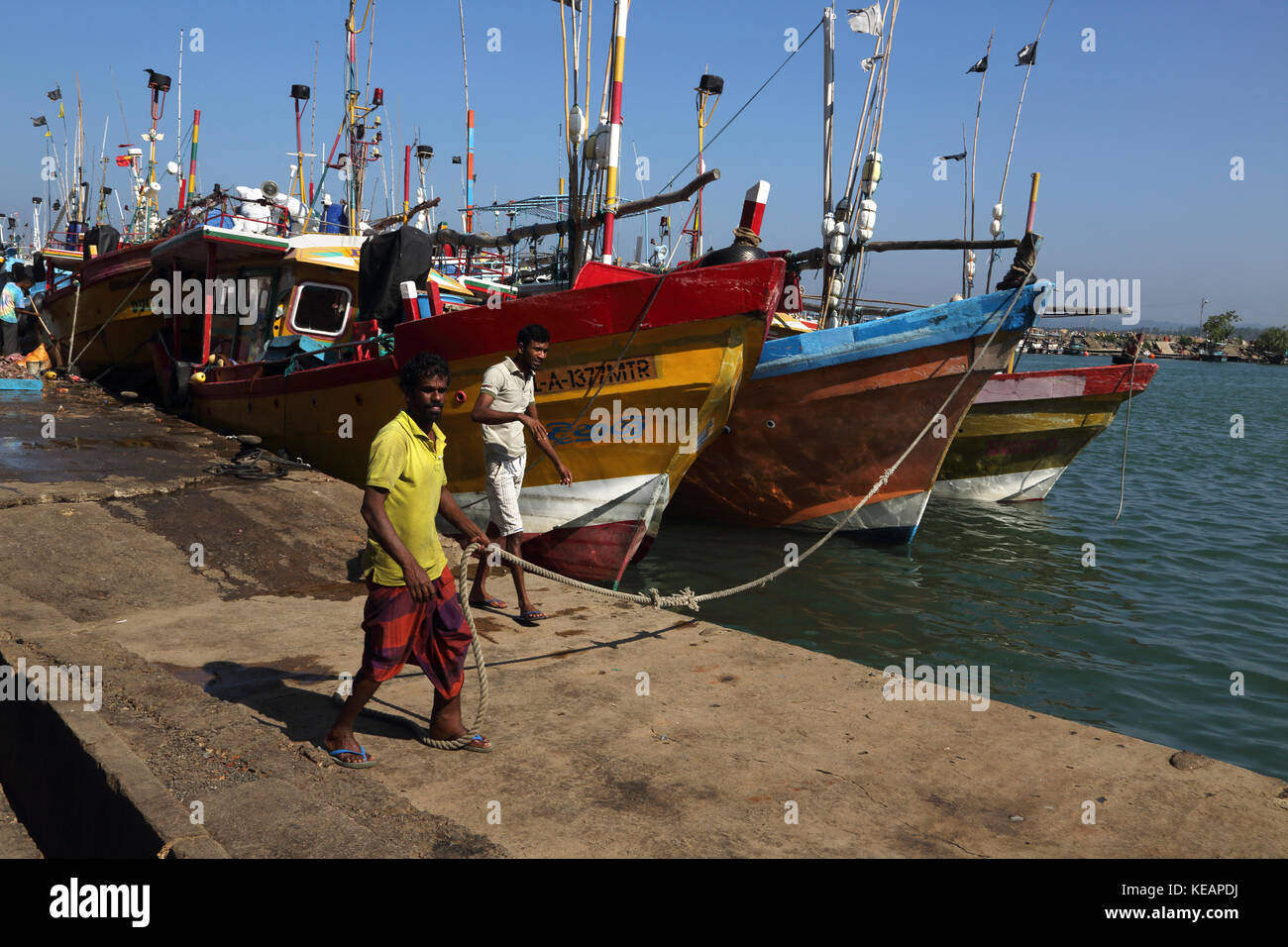 Province de Sri Lanka Mirissa Port Pêche pêcheurs tirant sur la corde pour attacher le port de bateau Banque D'Images