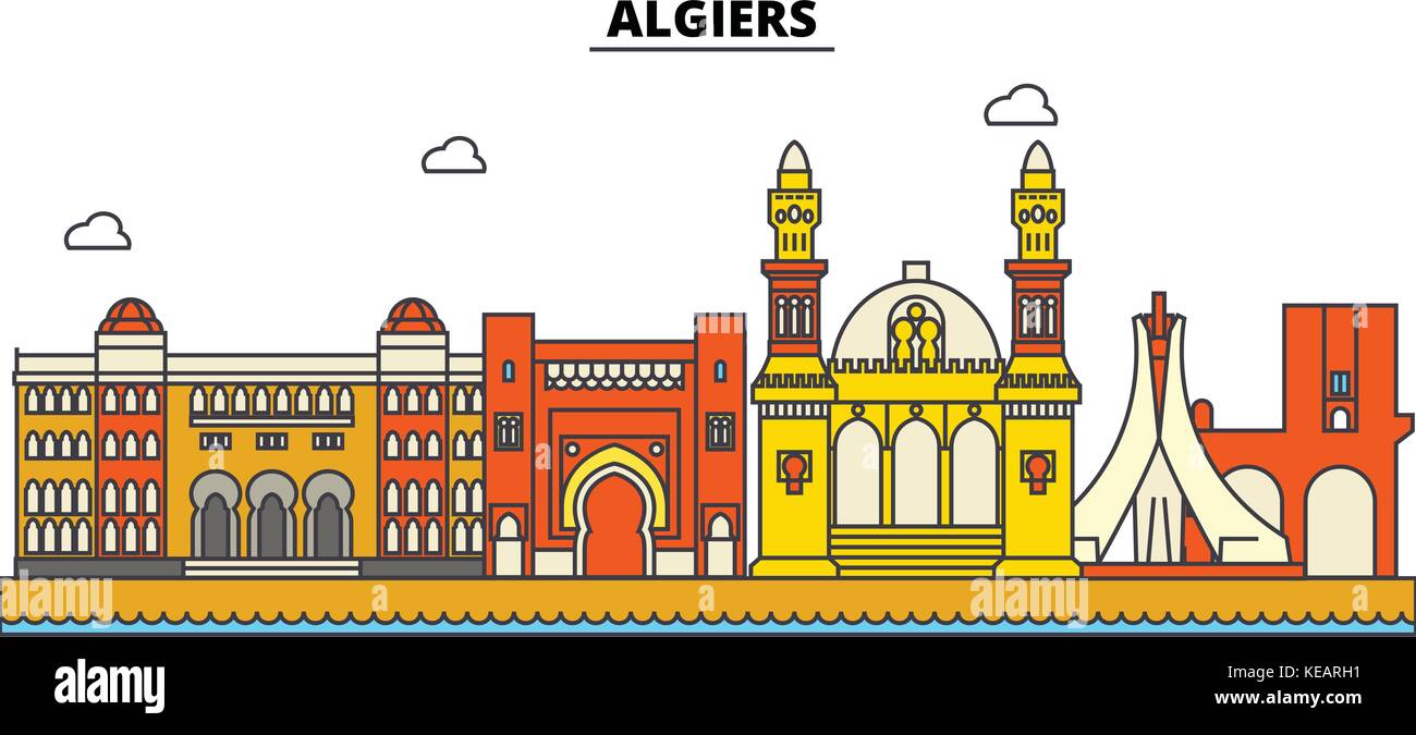 L'ALGÉRIE, Alger. ville horizon architecture, bâtiments, rues, silhouette, paysage, panorama, monuments. coups modifiable. télévision design line concept illustration vectorielle. isolated icons set Illustration de Vecteur