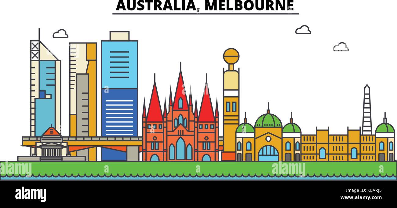 L'Australie, Melbourne. ville horizon architecture, bâtiments, rues, silhouette, paysage, panorama, monuments. coups modifiable. télévision design line concept illustration vectorielle. isolated icons set Illustration de Vecteur