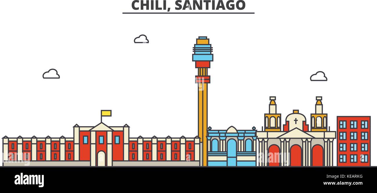 Chili, Santiago. ville horizon architecture, bâtiments, rues, silhouette, paysage, panorama, monuments. coups modifiable. télévision design line concept illustration vectorielle. isolated icons set Illustration de Vecteur