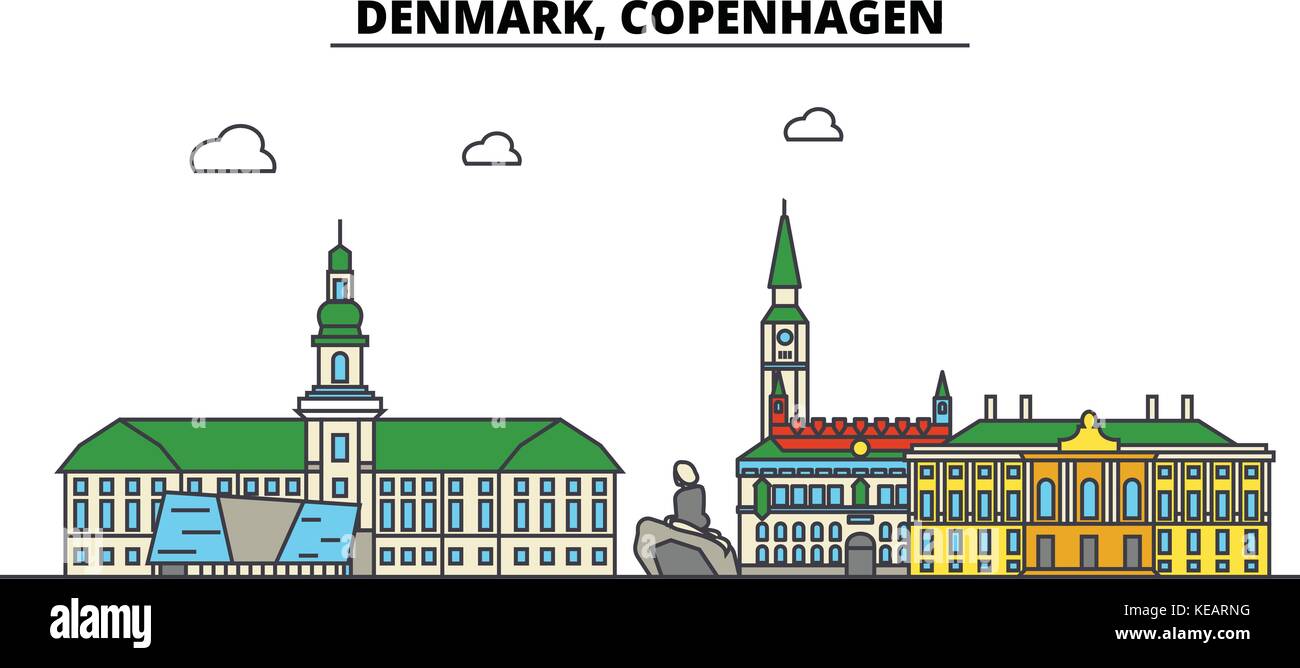 Danemark, copenhague. ville horizon architecture, bâtiments, rues, silhouette, paysage, panorama, monuments. coups modifiable. télévision design line concept illustration vectorielle. isolated icons set Illustration de Vecteur