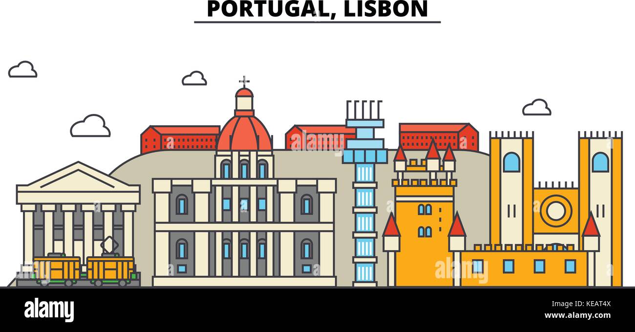 Portugal, Lisbonne. ville horizon architecture, bâtiments, rues, silhouette, paysage, panorama, monuments. coups modifiable. télévision design line concept illustration vectorielle. isolated icons set Illustration de Vecteur