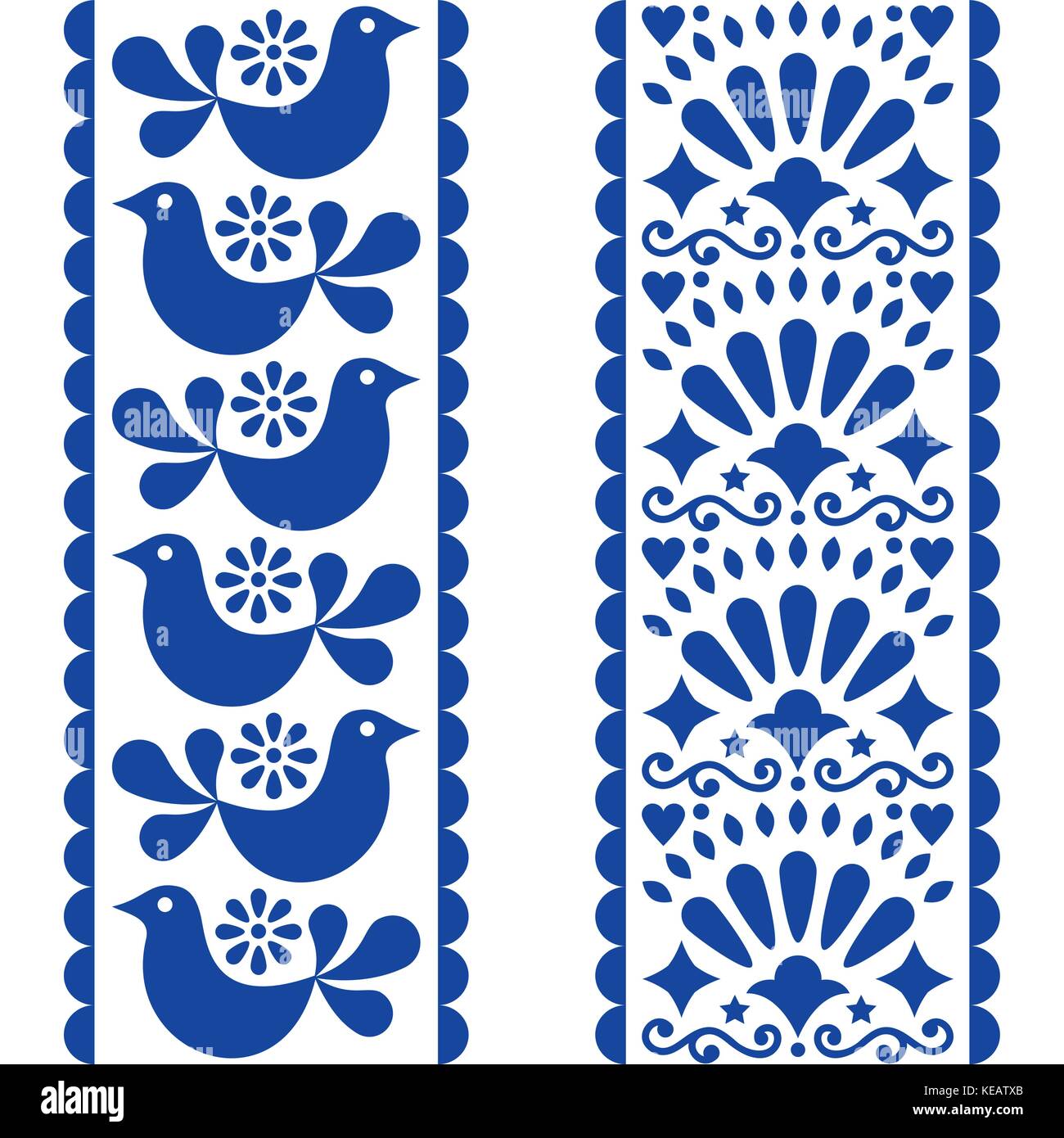 Art populaire - motif transparente longue de style mexicain avec des bandes d'oiseaux et de fleurs en bleu marine Illustration de Vecteur