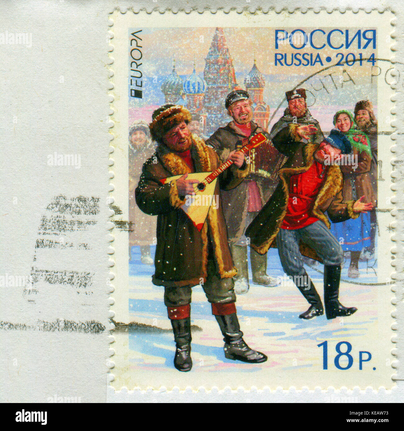 Gomel, Bélarus, 13 octobre 2017, de timbres en Russie montre de droit de la Fédération de costume national, vers 2014. Banque D'Images