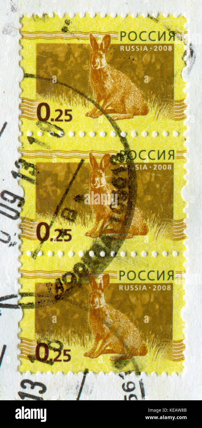 Gomel, Bélarus, 13 octobre 2017, de timbres en Russie montre image de la Lièvre, circa 2009. Banque D'Images