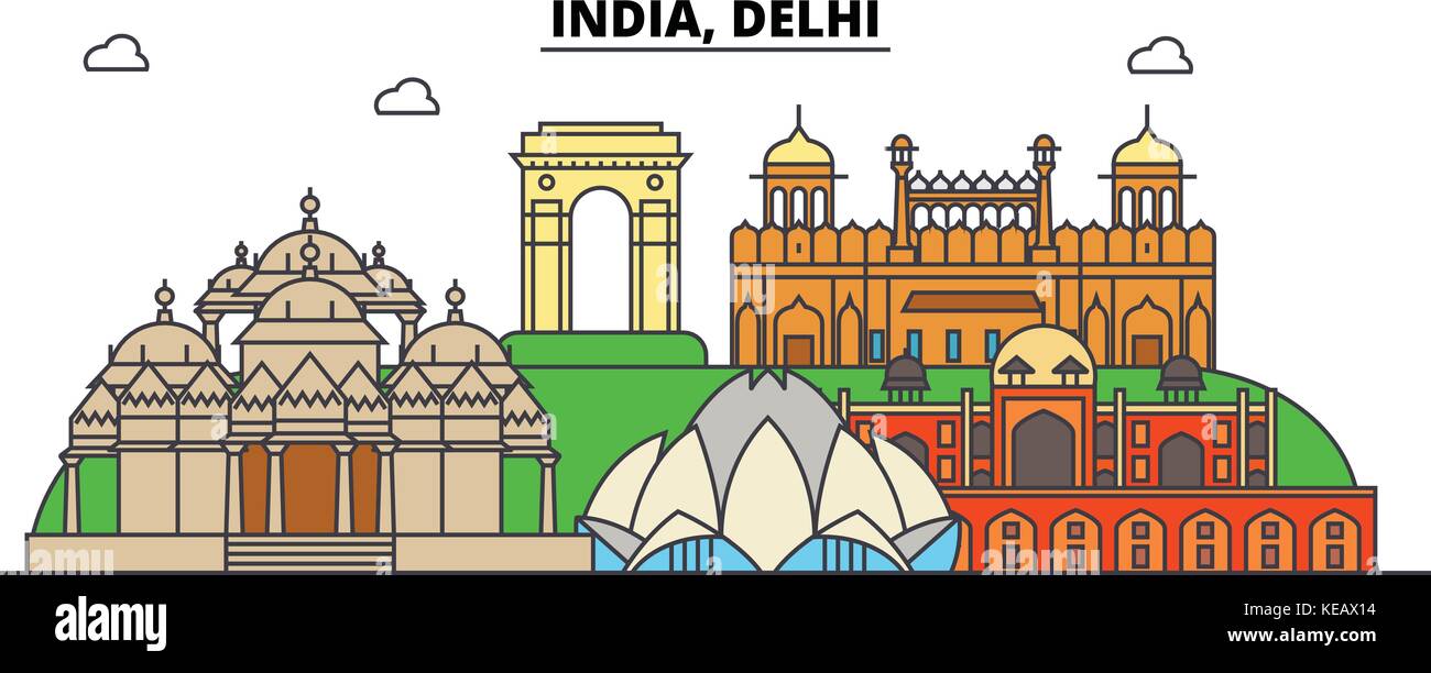 L'Inde, Delhi, l'hindouisme. sur les toits de la ville, l'architecture, bâtiments, rues, silhouette, paysage, panorama, monuments. coups modifiable. télévision design line concept illustration vectorielle. isolated icons set Illustration de Vecteur