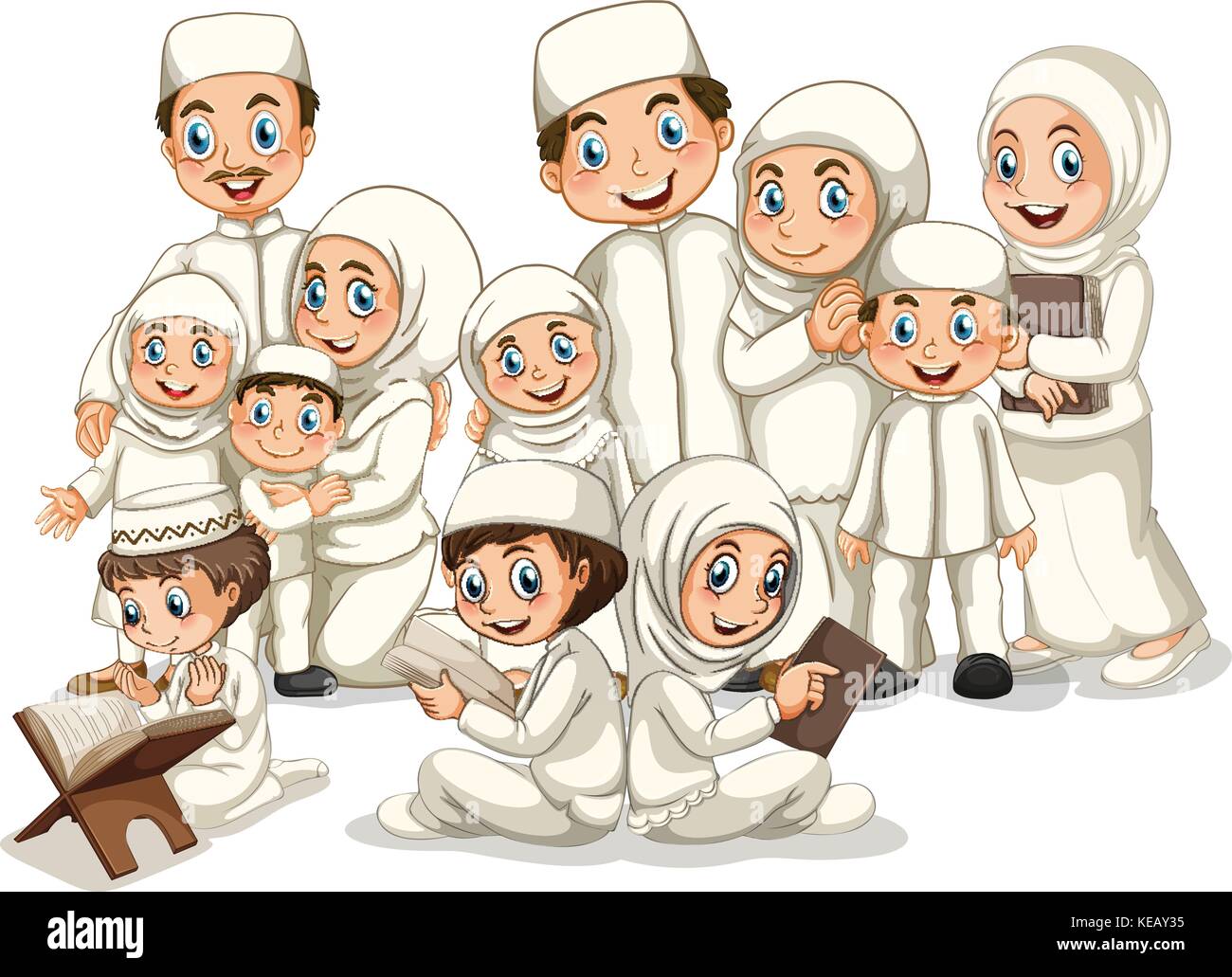 Grande famille musulmane en costume blanc Illustration de Vecteur