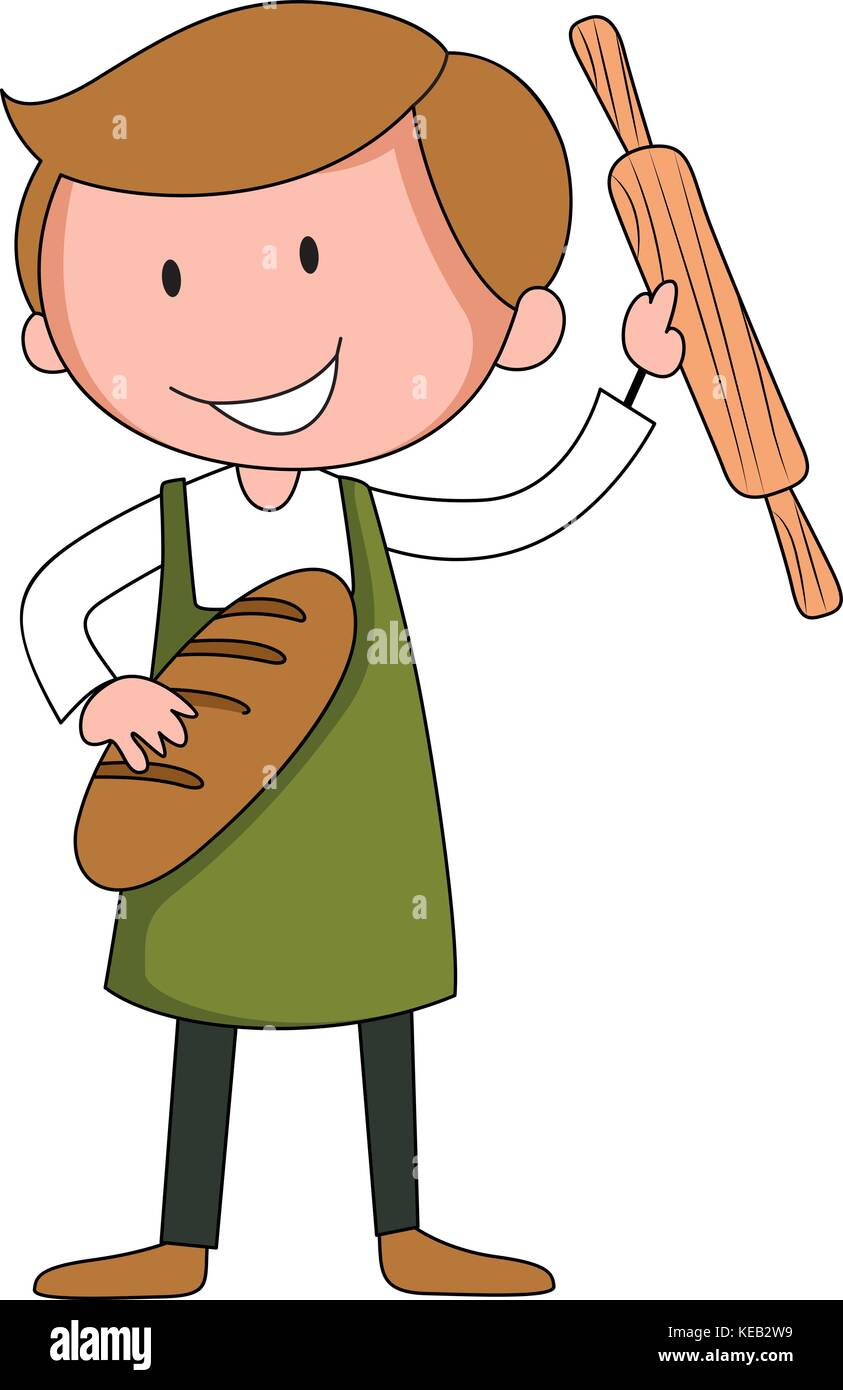 Homme baker holding goupille de rouleau et du pain Illustration de Vecteur