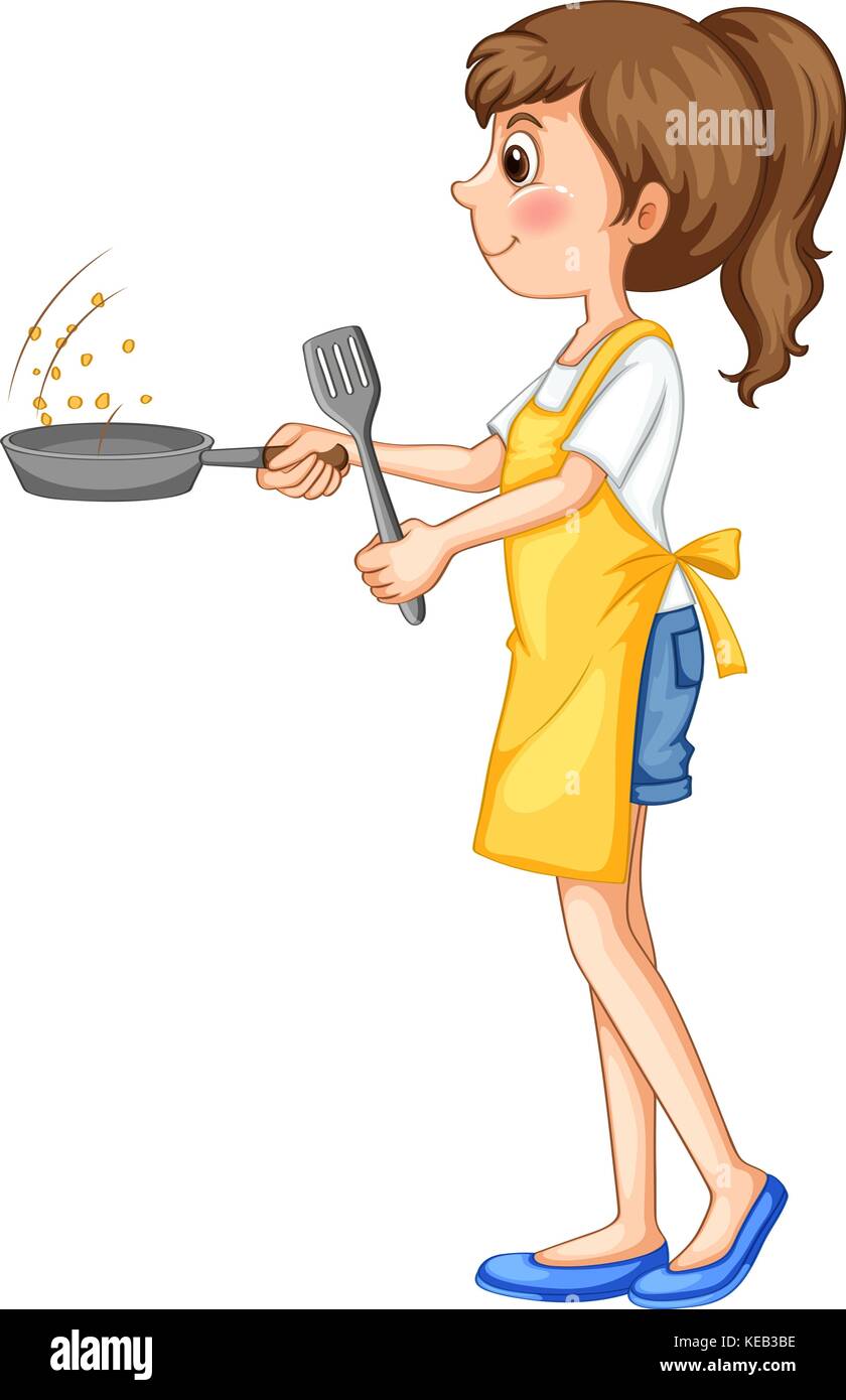Cute girl faire frire quelque chose avec la casserole Illustration de Vecteur