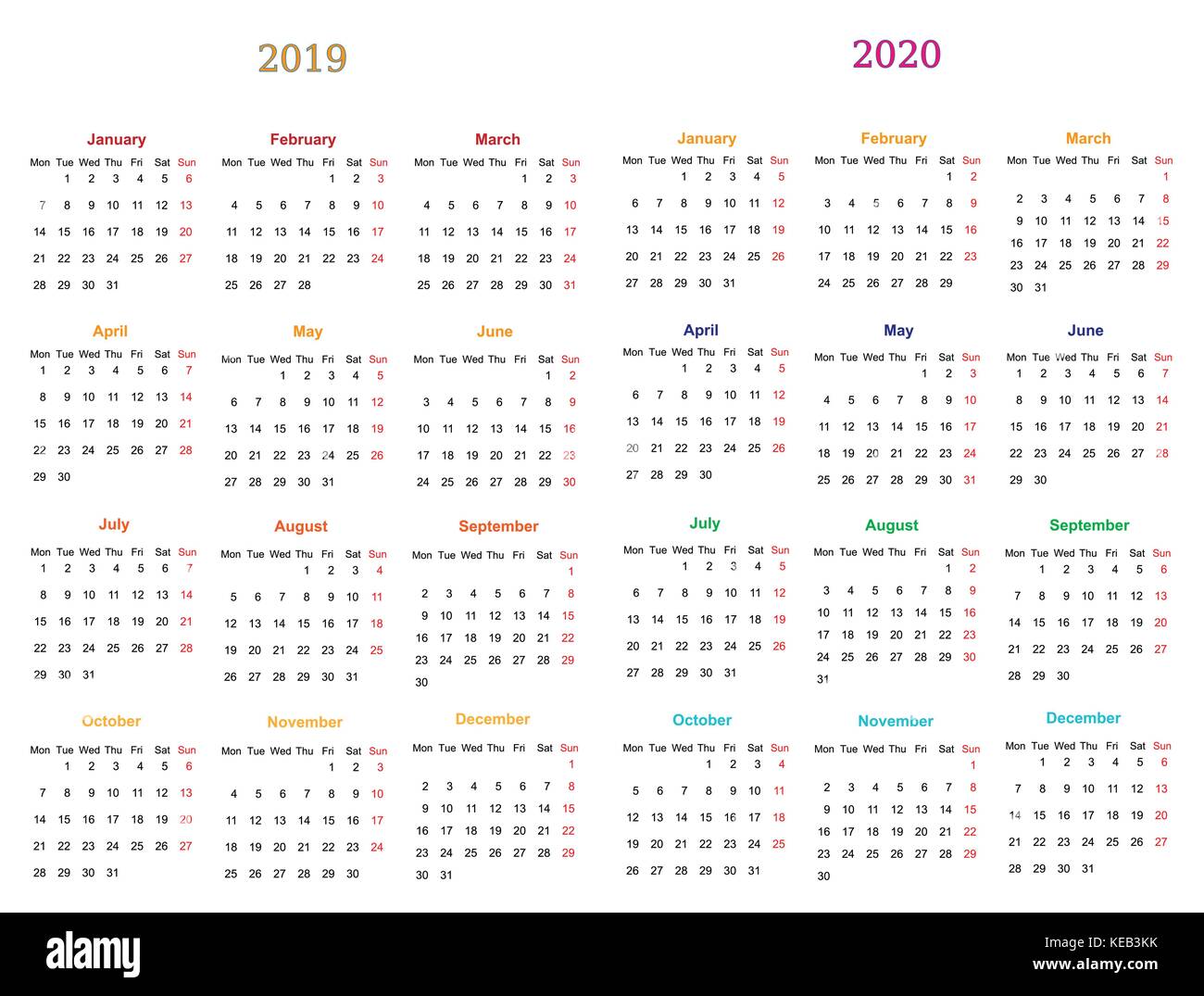 12 mois conception calendrier 2019-2020 Version imprimable et modifiable. Illustration de Vecteur