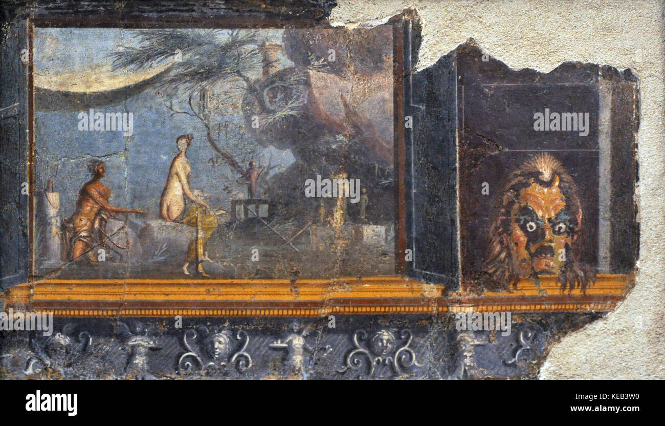 Roman fresque représentant un panel avec des portes avec un masque de Silène. À gauche, la rencontre d'Acis et Galatea dans un paysage rural, à proximité d'une grotte. 1er siècle avant JC. Musée Archéologique National. Naples. L'Italie. Banque D'Images