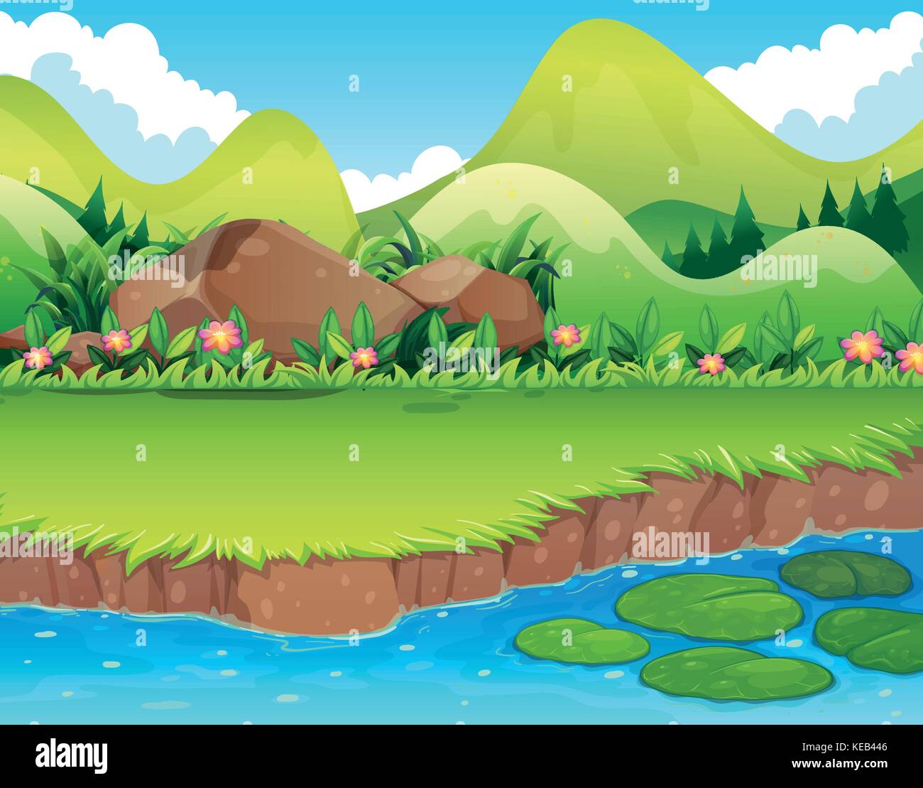 Scène de rivière avec pelouse et les montagnes Illustration de Vecteur