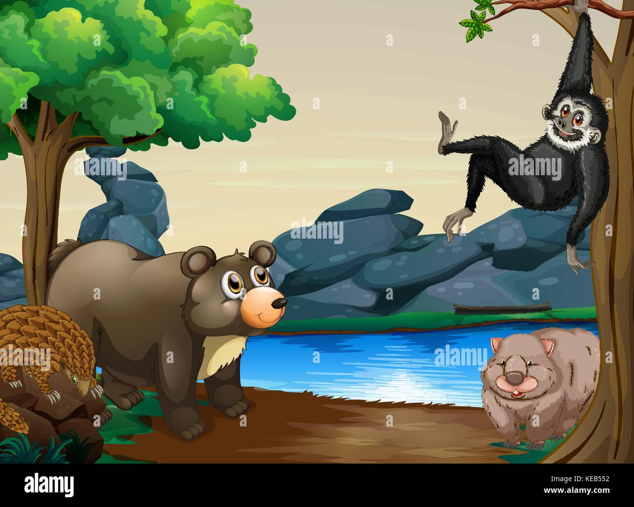 Différents types d'animaux par la rivière Illustration de Vecteur