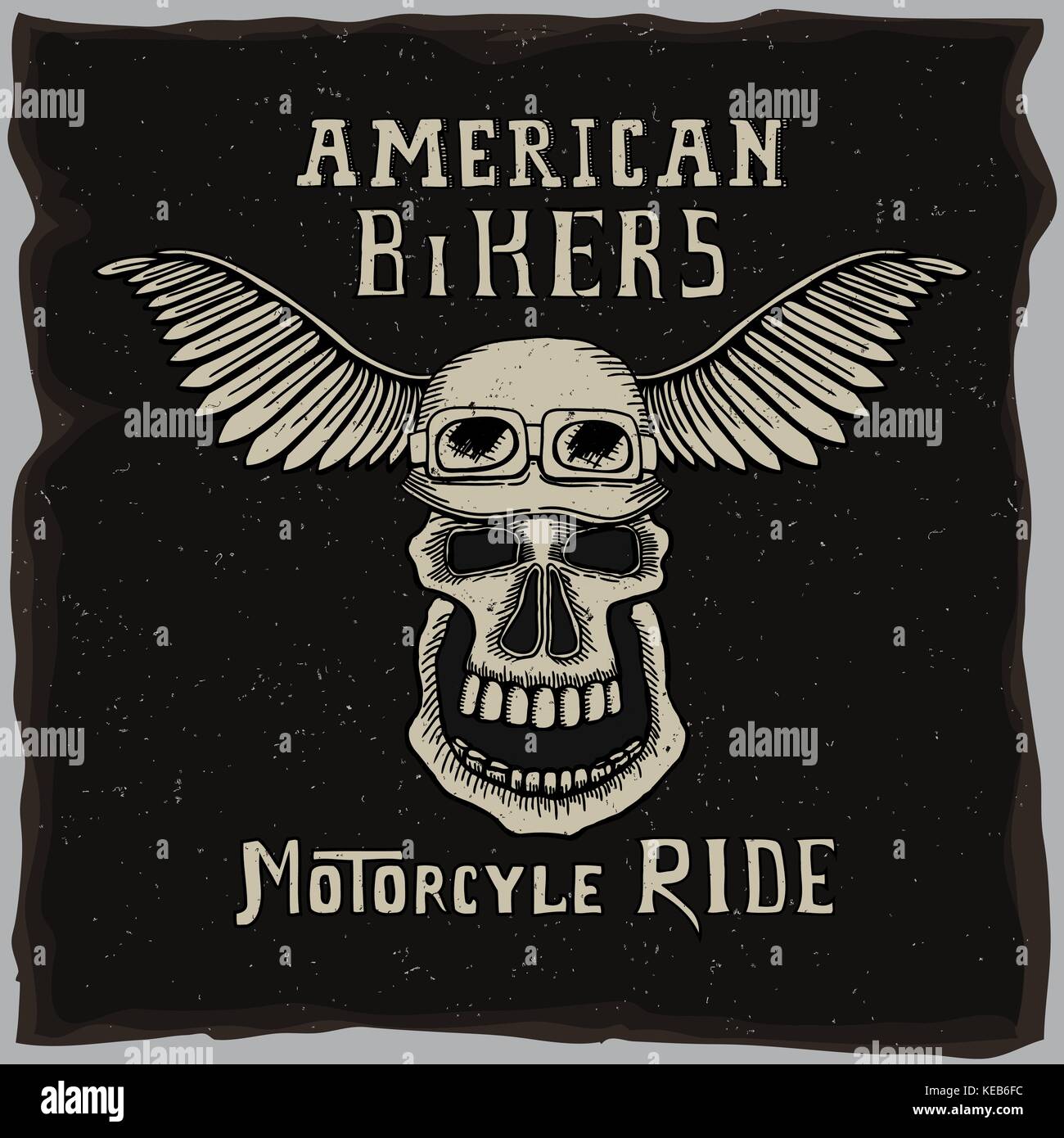 Le symbole pour le club de motards, les gangs de motards américain T-shirt design avec crâne dessiné à la main dans la région de casque de moto sur la old grunge fond sombre. Illustration de Vecteur