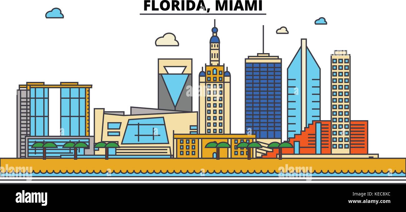 Floride, Miami.ville horizon architecture, bâtiments, rues, silhouette, paysage, panorama, des repères, des icônes. editable coups. télévision design line concept d'illustration vectorielle. Illustration de Vecteur