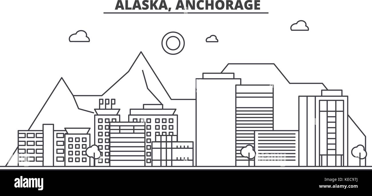 L'Alaska, Anchorage skyline ligne architecture illustration vecteur linéaire. Vue urbaine avec des sites célèbres de la ville, sites touristiques, icones du paysage avec coups modifiable. Illustration de Vecteur