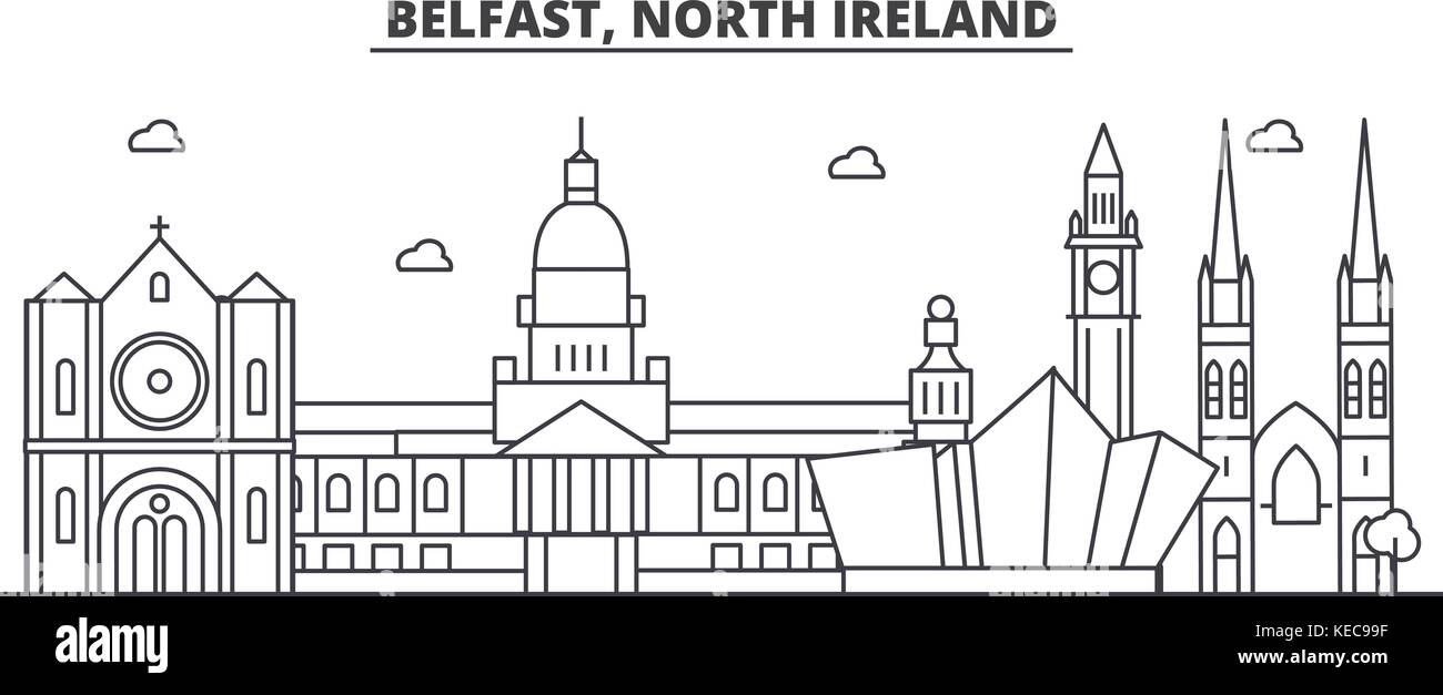 Belfast, Irlande du Nord ligne architecture skyline. illustration vecteur linéaire Vue urbaine avec des sites célèbres de la ville, sites touristiques, icones du paysage avec coups modifiable. Illustration de Vecteur