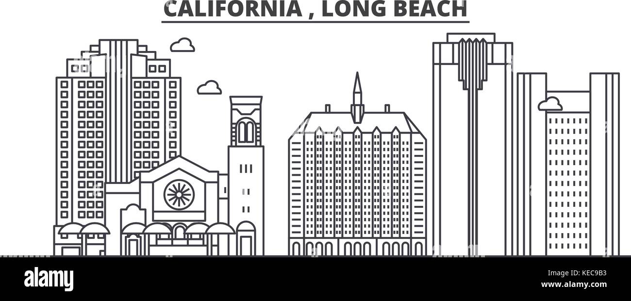 L'architecture de Long Beach Californie horizon ligne. illustration vecteur linéaire Vue urbaine avec des sites célèbres de la ville, sites touristiques, icones du paysage avec coups modifiable. Illustration de Vecteur