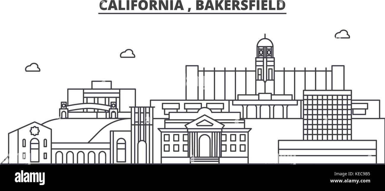 Californie bakersfield , ligne d'horizon de l'architecture illustration vecteur linéaire. Vue urbaine avec des sites célèbres de la ville, sites touristiques, icones du paysage avec coups modifiable. Illustration de Vecteur