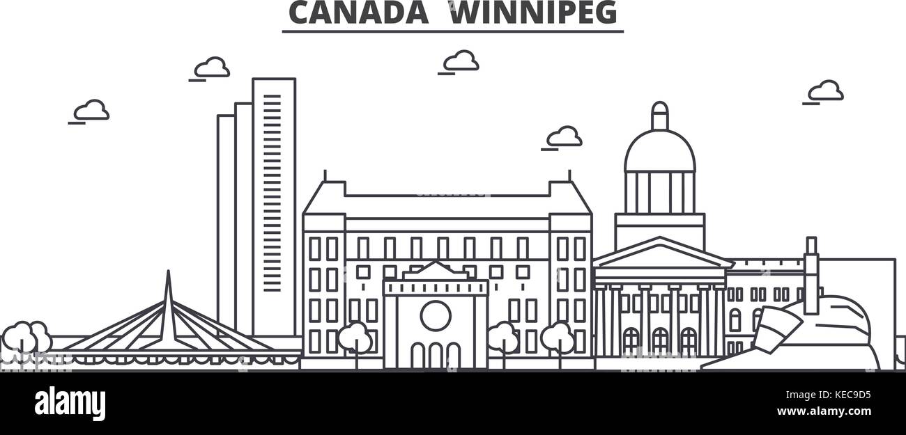 Architecture Canada, Winnipeg skyline ligne. illustration vecteur linéaire Vue urbaine avec des sites célèbres de la ville, sites touristiques, icones du paysage avec coups modifiable. Illustration de Vecteur
