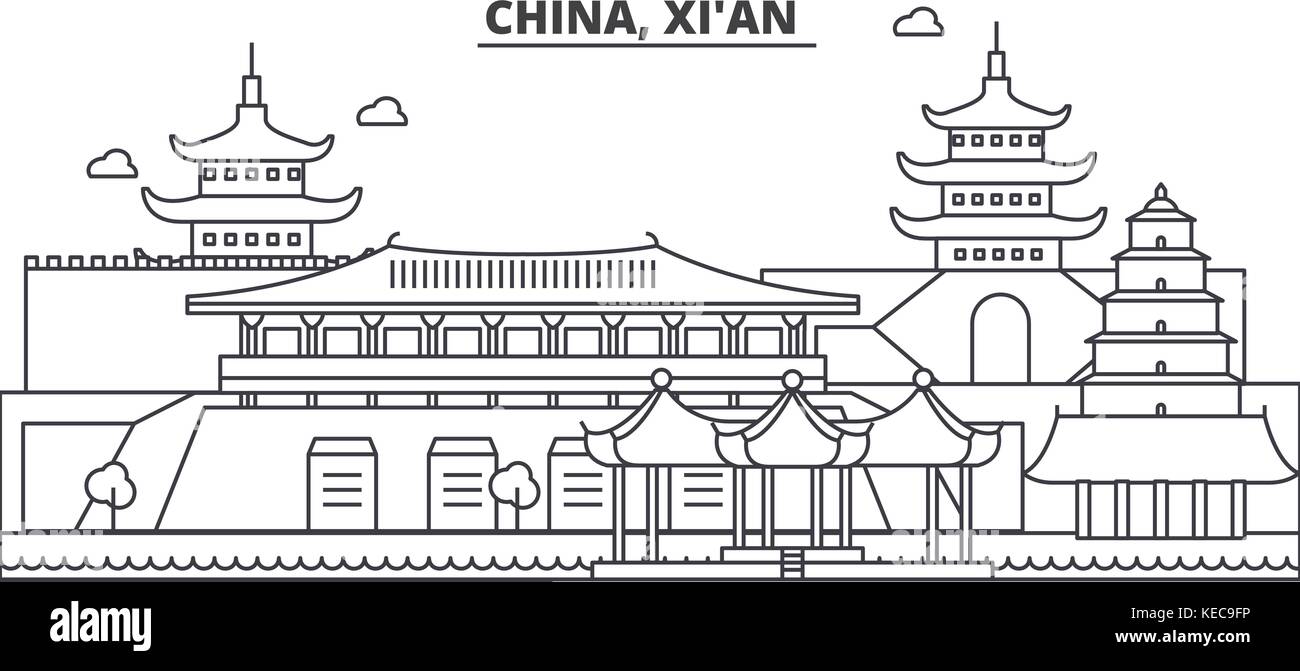 La Chine, xian ligne architecture illustration vecteur linéaire. skyline Vue urbaine avec des sites célèbres de la ville, sites touristiques, icônes de design. traits modifiable Illustration de Vecteur