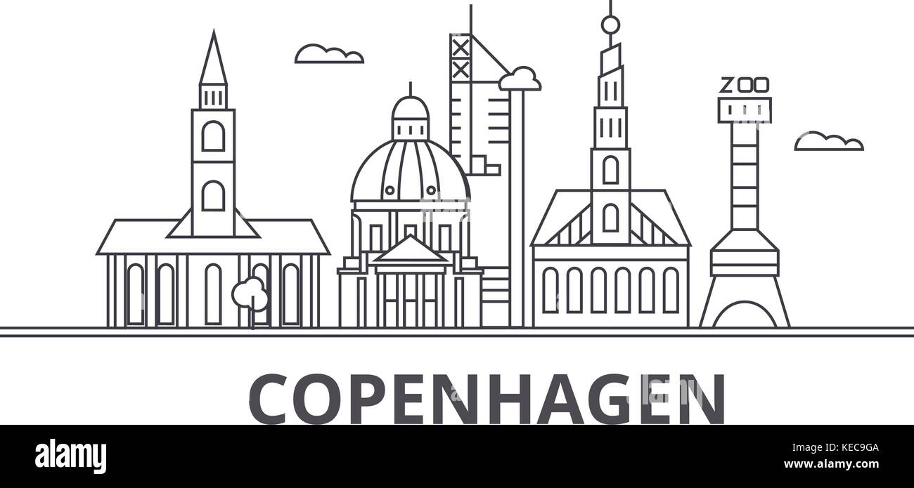 L'architecture de Copenhague skyline ligne. illustration vecteur linéaire Vue urbaine avec des sites célèbres de la ville, sites touristiques, icones du paysage avec coups modifiable. Illustration de Vecteur