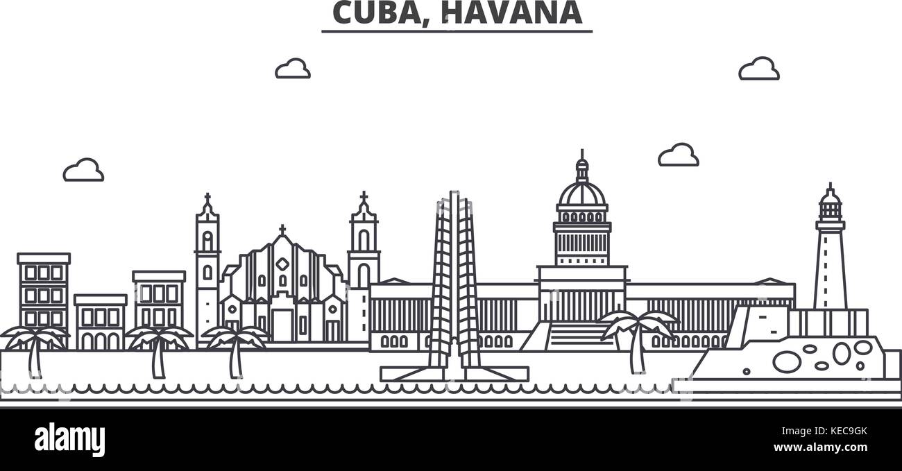 Cuba, La Havane ligne architecture illustration vecteur linéaire. skyline Vue urbaine avec des sites célèbres de la ville, sites touristiques, icones du paysage avec coups modifiable. Illustration de Vecteur