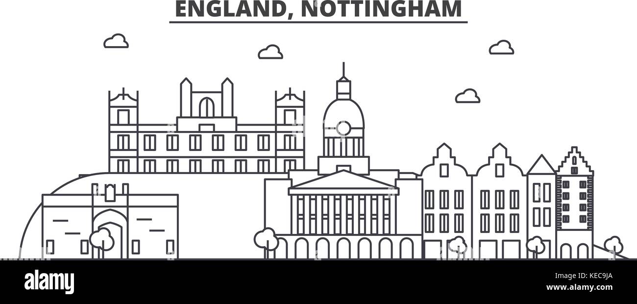 L'Angleterre, Nottingham ligne architecture illustration vecteur linéaire. skyline Vue urbaine avec des sites célèbres de la ville, sites touristiques, icones du paysage avec coups modifiable. Illustration de Vecteur