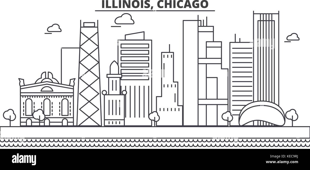 L'architecture de l'Illinois, Chicago skyline ligne. illustration vecteur linéaire Vue urbaine avec des sites célèbres de la ville, sites touristiques, icones du paysage avec coups modifiable. Illustration de Vecteur