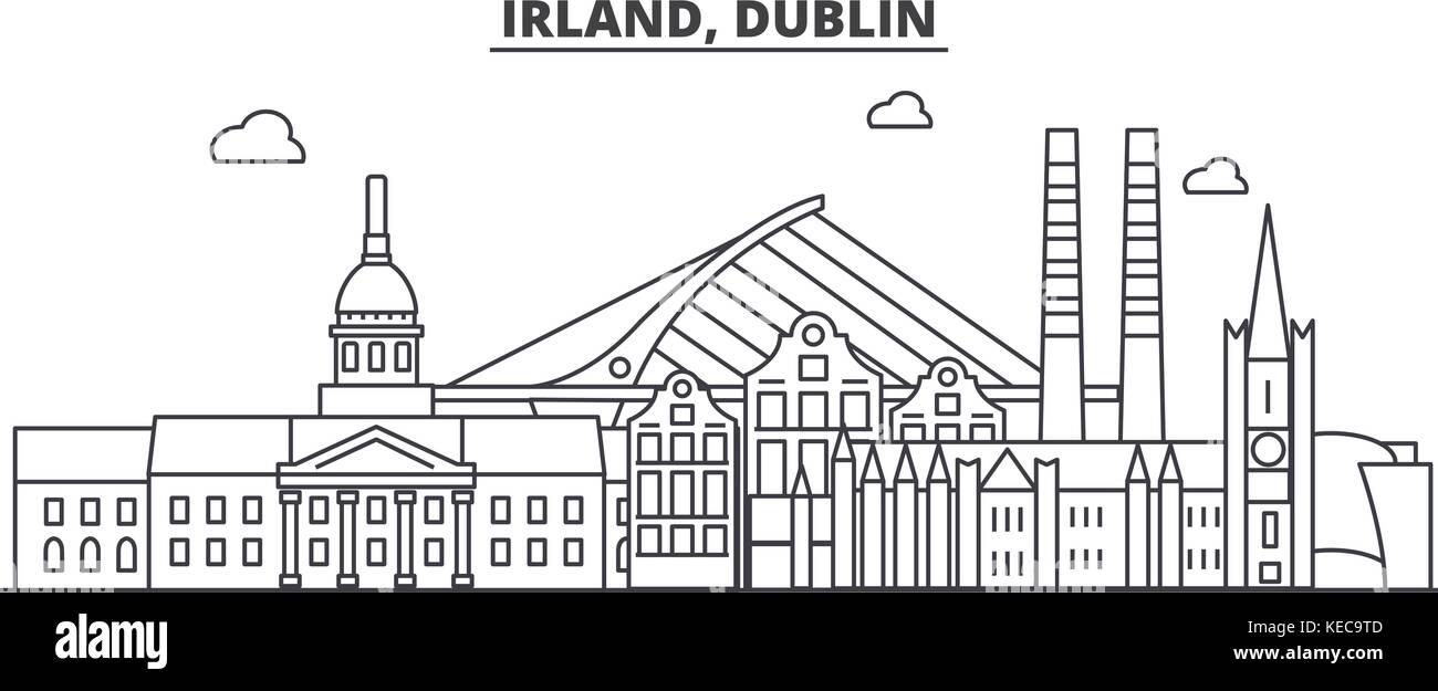 Dublin, Irlande ligne architecture illustration vecteur linéaire. skyline Vue urbaine avec des sites célèbres de la ville, sites touristiques, icones du paysage avec coups modifiable. Illustration de Vecteur