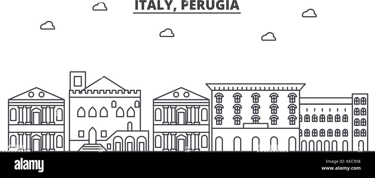 L'Italie, Pérouse ligne architecture illustration vecteur linéaire. skyline Vue urbaine avec des sites célèbres de la ville, sites touristiques, icones du paysage avec coups modifiable. Illustration de Vecteur
