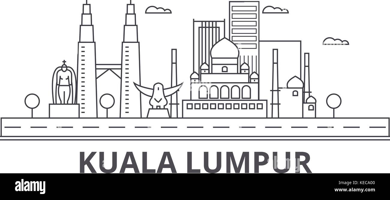 Kuala Lumpur, en Malaisie, la ligne d'horizon de l'architecture illustration vecteur linéaire. Vue urbaine avec des sites célèbres de la ville, sites touristiques, icones du paysage avec coups modifiable. Illustration de Vecteur