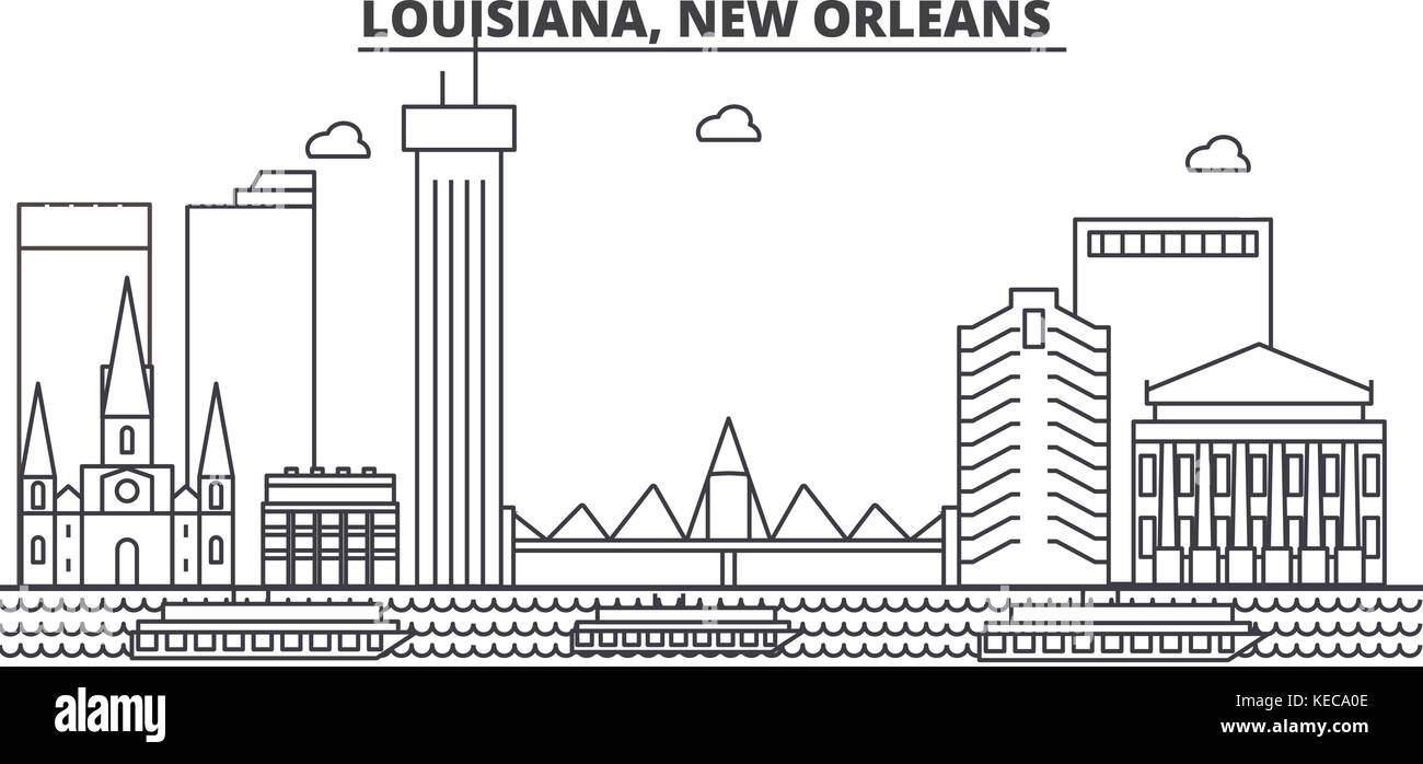 En Louisiane, la nouvelle orléans ligne architecture illustration vecteur linéaire. skyline Vue urbaine avec des sites célèbres de la ville, sites touristiques, icones du paysage avec coups modifiable. Illustration de Vecteur