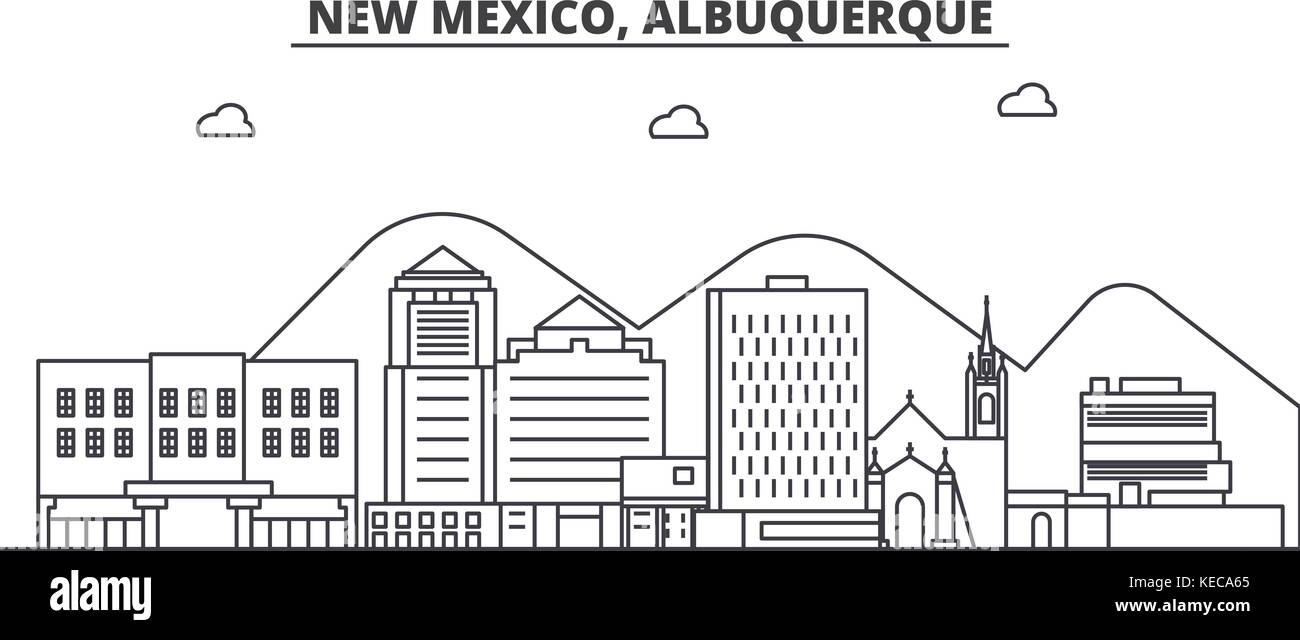 Nouveau Mexique albuquerque ligne architecture illustration vecteur linéaire. skyline Vue urbaine avec des sites célèbres de la ville, sites touristiques, icones du paysage avec coups modifiable. Illustration de Vecteur