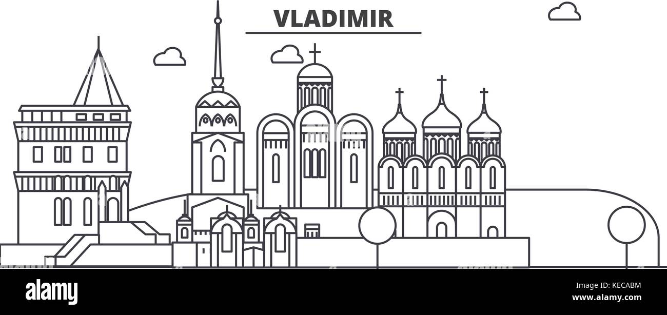 La Russie, Vladimir ligne architecture illustration vecteur linéaire. skyline Vue urbaine avec des sites célèbres de la ville, sites touristiques, icones du paysage avec coups modifiable. Illustration de Vecteur