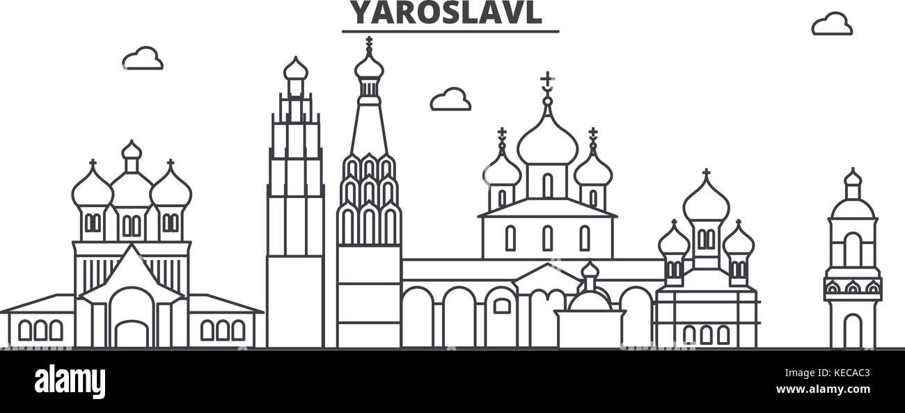 La Russie, l'architecture de iaroslavl skyline ligne. illustration vecteur linéaire Vue urbaine avec des sites célèbres de la ville, sites touristiques, icones du paysage avec coups modifiable. Illustration de Vecteur