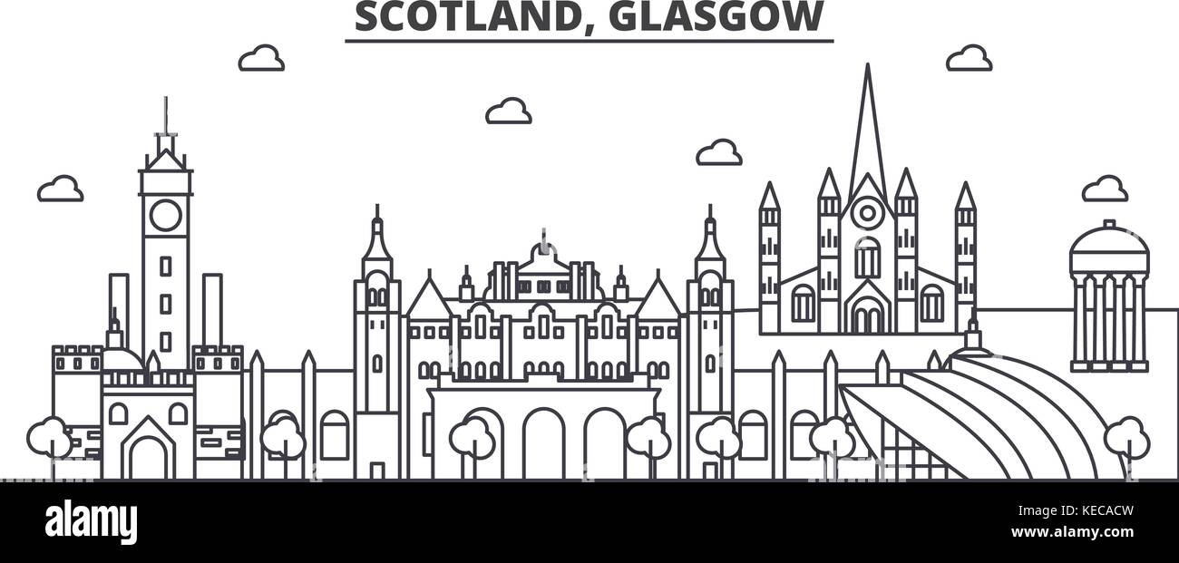 L'écosse, Glasgow en ligne architecture illustration vecteur linéaire. skyline Vue urbaine avec des sites célèbres de la ville, sites touristiques, icones du paysage avec coups modifiable. Illustration de Vecteur