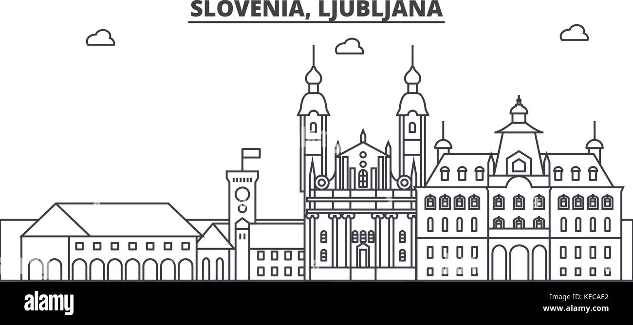 La Slovénie, Ljubljana ligne architecture illustration vecteur linéaire. skyline Vue urbaine avec des sites célèbres de la ville, sites touristiques, icones du paysage avec coups modifiable. Illustration de Vecteur