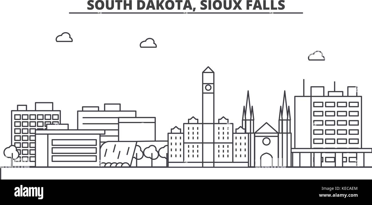 Le Dakota du Sud, Sioux Falls ligne architecture illustration vecteur linéaire. skyline Vue urbaine avec des sites célèbres de la ville, sites touristiques, icones du paysage avec coups modifiable. Illustration de Vecteur