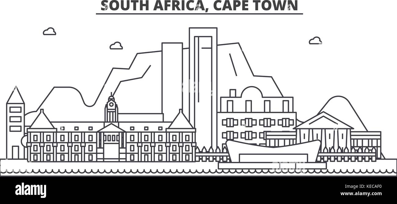 L'Afrique du Sud, Cape town line architecture skyline. illustration vecteur linéaire Vue urbaine avec des sites célèbres de la ville, sites touristiques, icones du paysage avec coups modifiable. Illustration de Vecteur