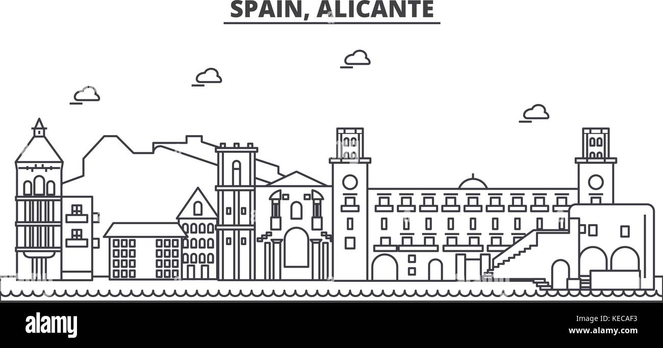 L'Espagne, alicante ligne architecture illustration vecteur linéaire. skyline Vue urbaine avec des sites célèbres de la ville, sites touristiques, icones du paysage avec coups modifiable. Illustration de Vecteur