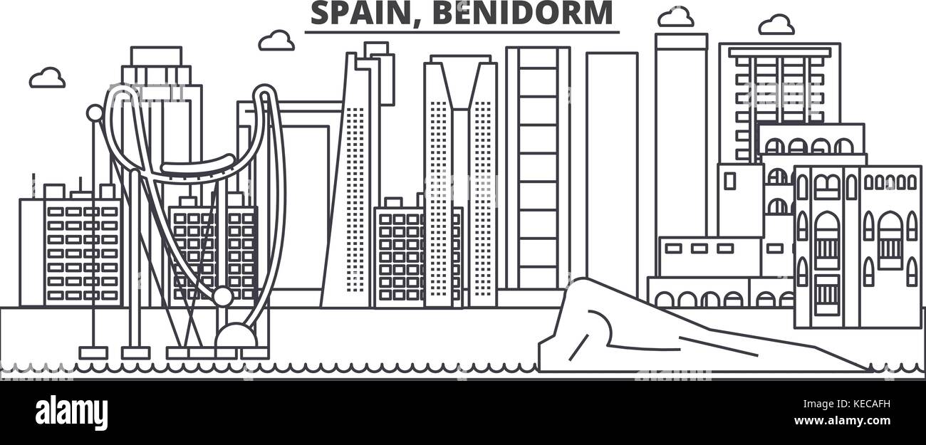 L'Espagne, Benidorm skyline ligne architecture illustration vecteur linéaire. Vue urbaine avec des sites célèbres de la ville, sites touristiques, icones du paysage avec coups modifiable. Illustration de Vecteur