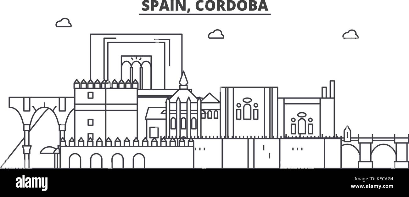 L'Espagne, l'architecture de Cordoue skyline ligne. illustration vecteur linéaire Vue urbaine avec des sites célèbres de la ville, sites touristiques, icones du paysage avec coups modifiable. Illustration de Vecteur