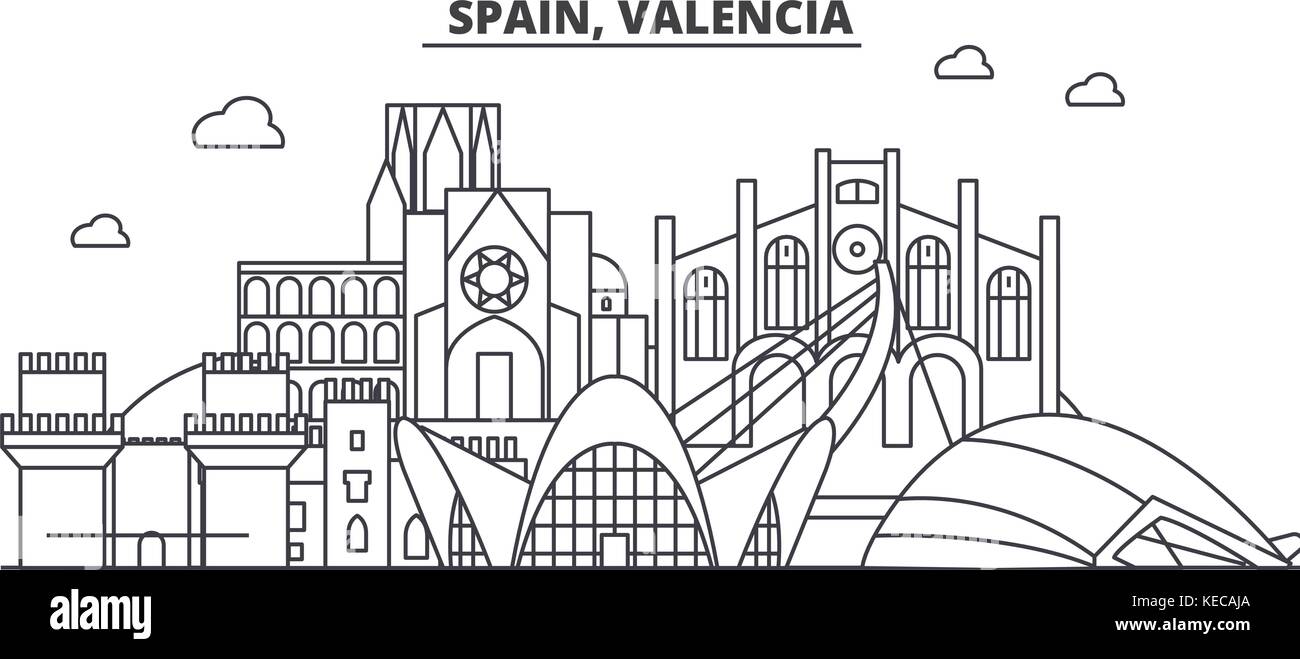 L'Espagne, l'architecture de valence ville ligne. illustration vecteur linéaire Vue urbaine avec des sites célèbres de la ville, sites touristiques, icones du paysage avec coups modifiable. Illustration de Vecteur