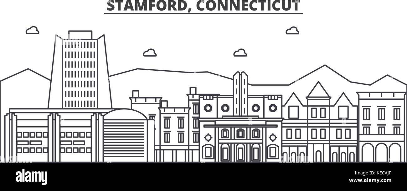 Stamford, Connecticut ligne architecture illustration vecteur linéaire. skyline Vue urbaine avec des sites célèbres de la ville, sites touristiques, icones du paysage avec coups modifiable. Illustration de Vecteur