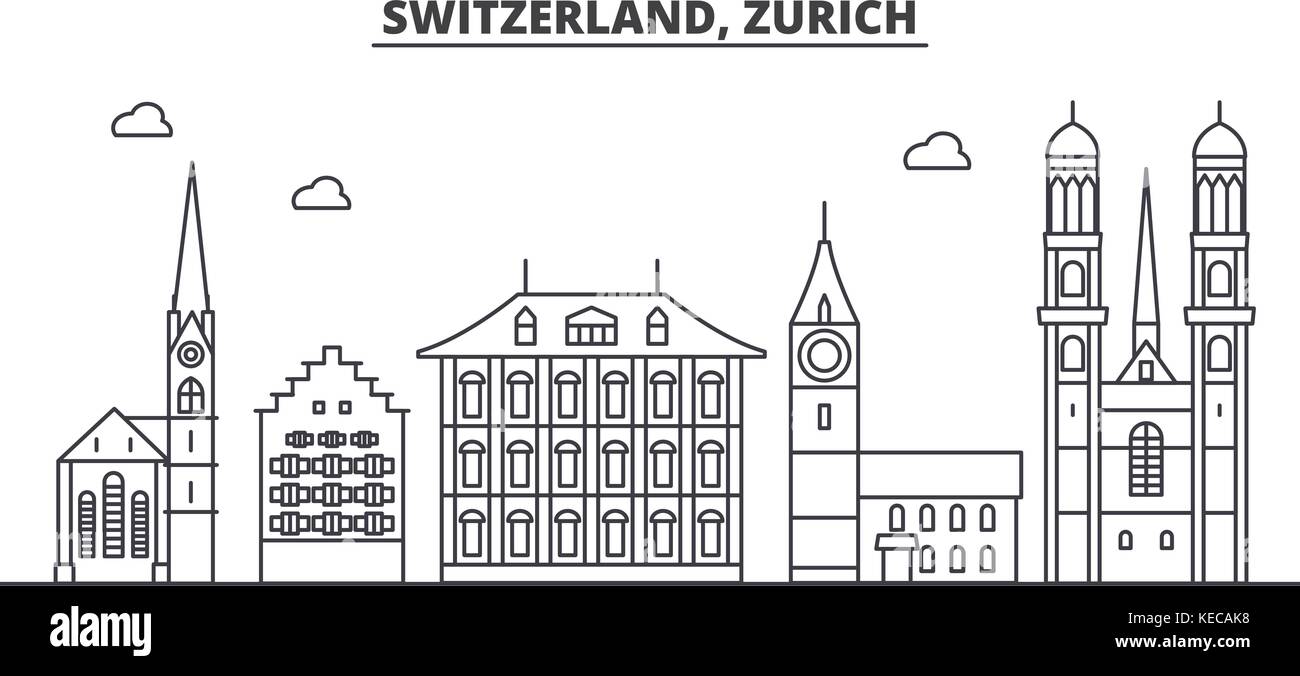 La Suisse, Zurich ligne architecture skyline. illustration vecteur linéaire Vue urbaine avec des sites célèbres de la ville, sites touristiques, icones du paysage avec coups modifiable. Illustration de Vecteur